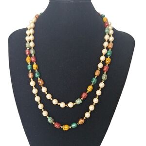 Vintage Joan Rivers Gold Tone 48" Multicolor Czech Glass & Faux Pearl  Necklace